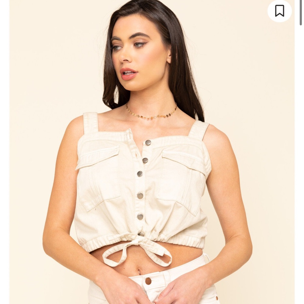 Free People Palm Desert Ivory Cotton Denim Safari Cropped Button Down Top Small